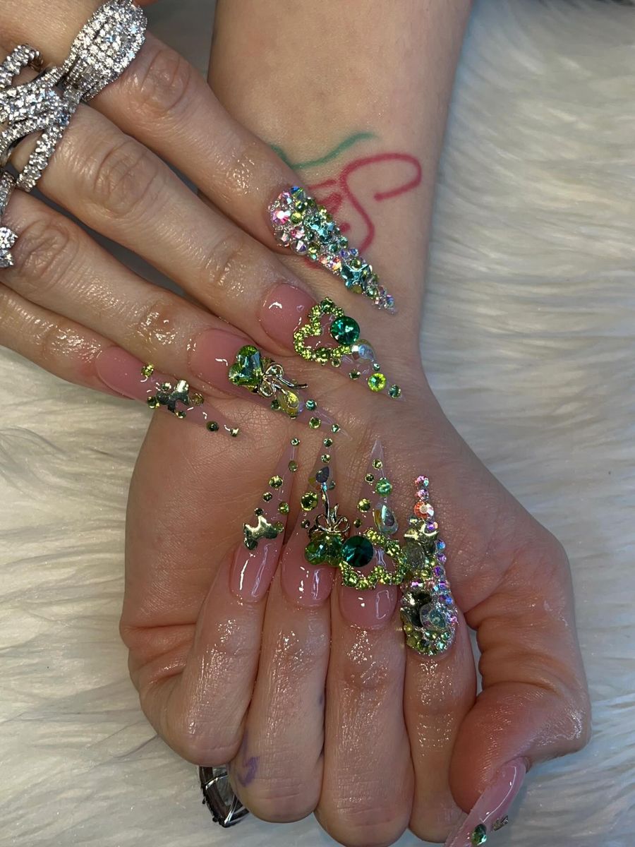 Green gem stiletto set with crystal scatter