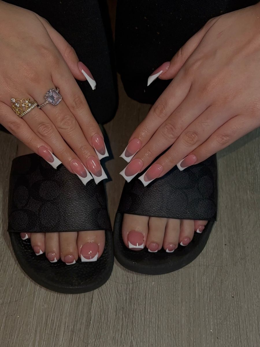 White French pedicure with matching hands