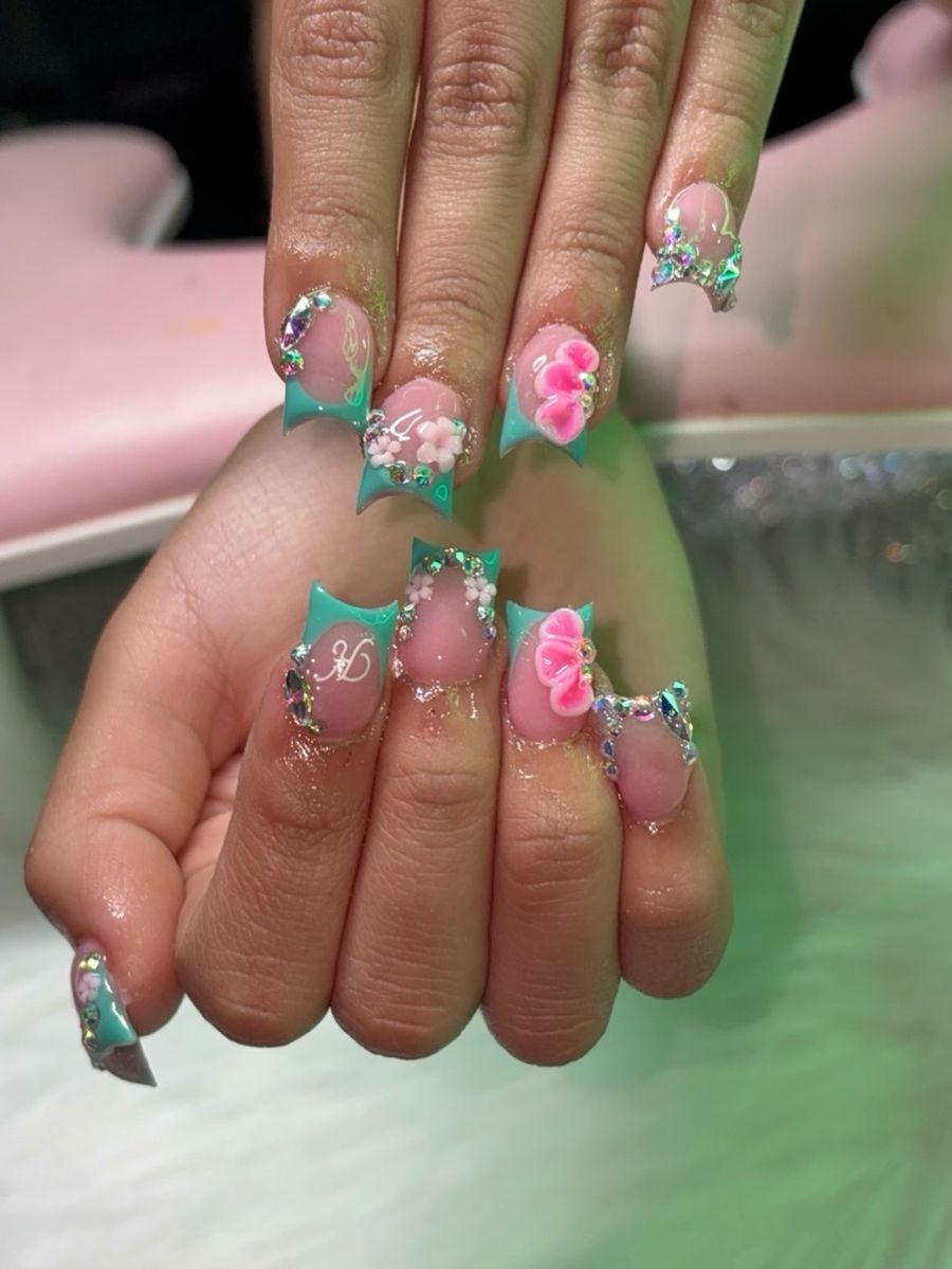 Teal French tips with 3D pink flowers