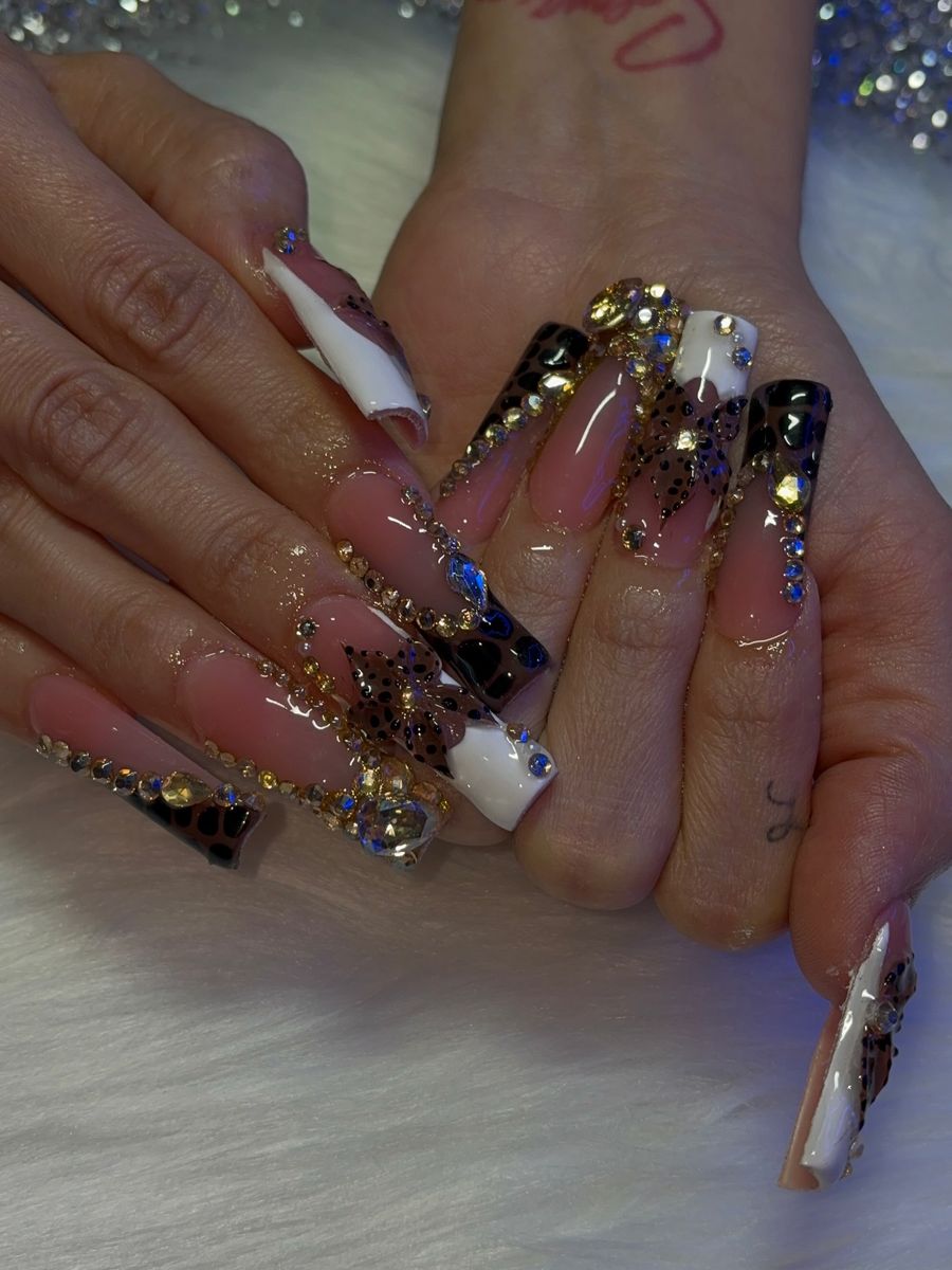 Leopard and gold set with white accent nails