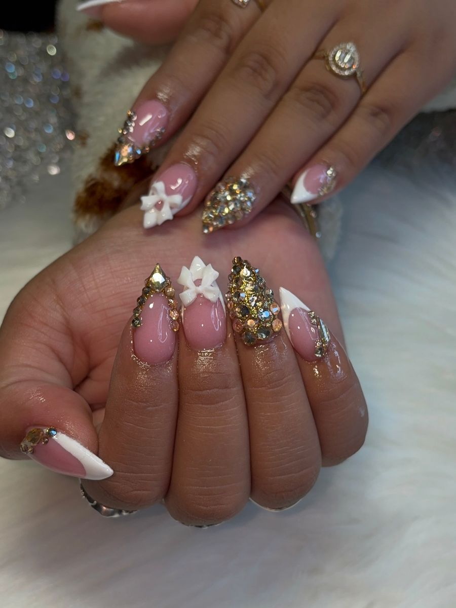 Gold crystal stilettos with 3D flowers