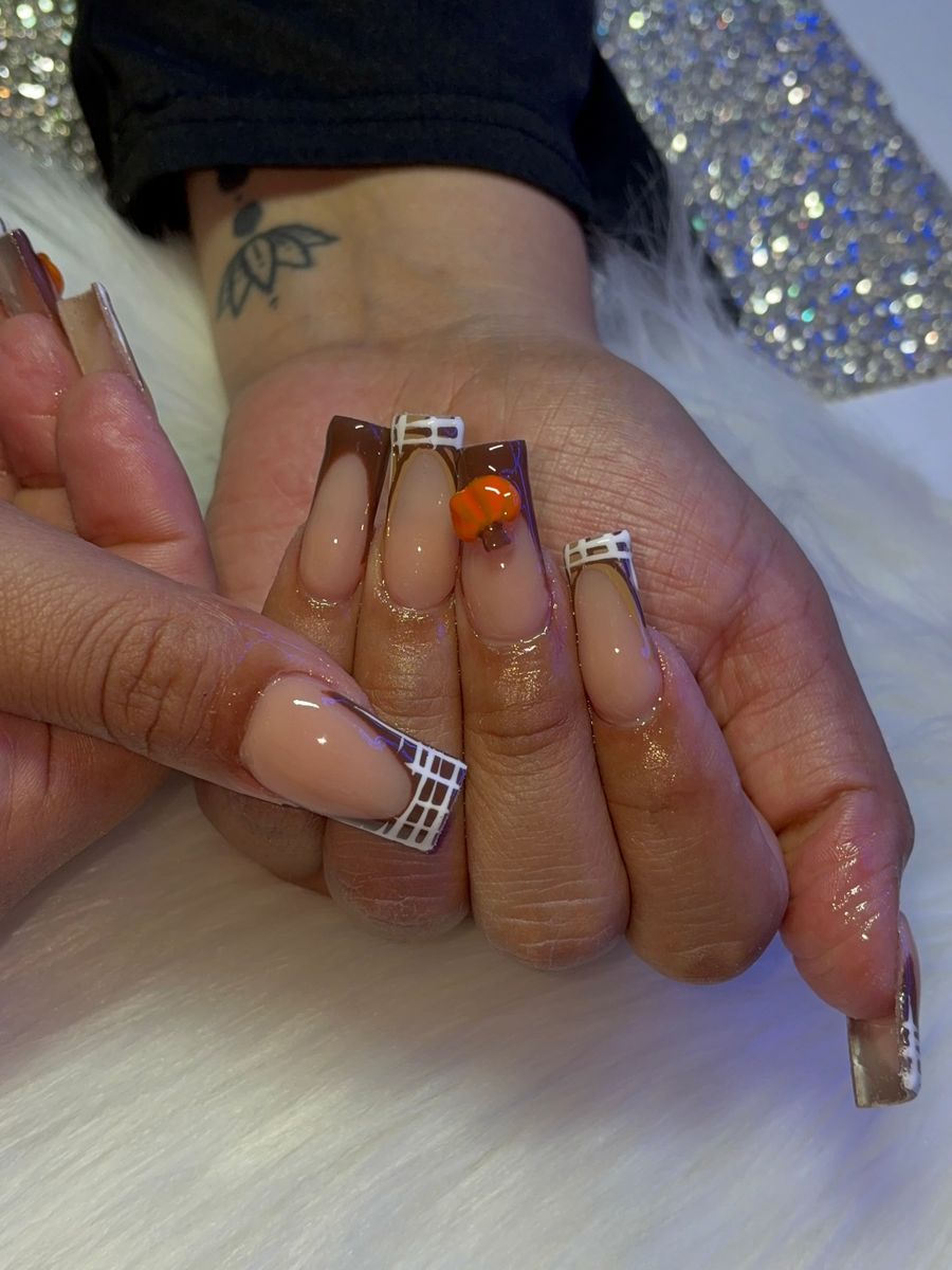 Brown plaid French tips with pumpkin charms
