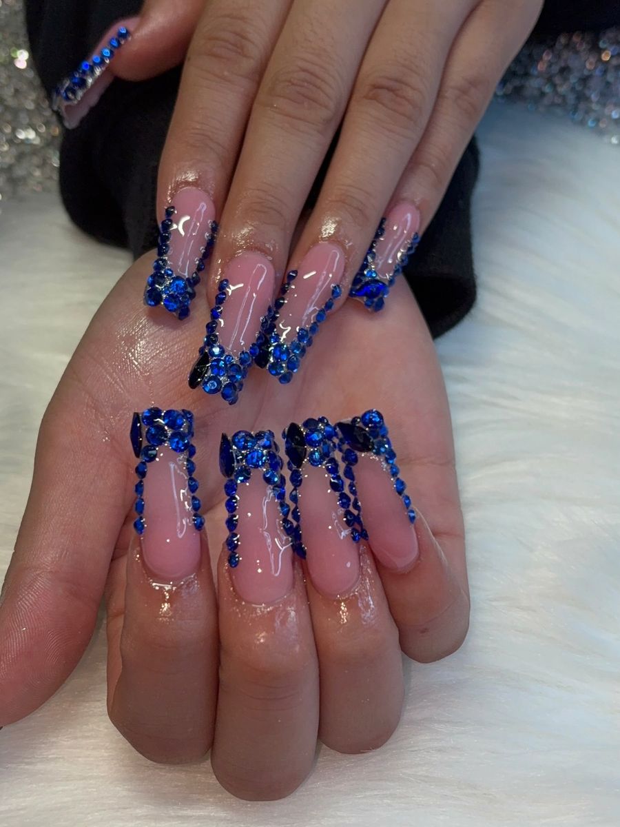 Long blue rhinestone French set