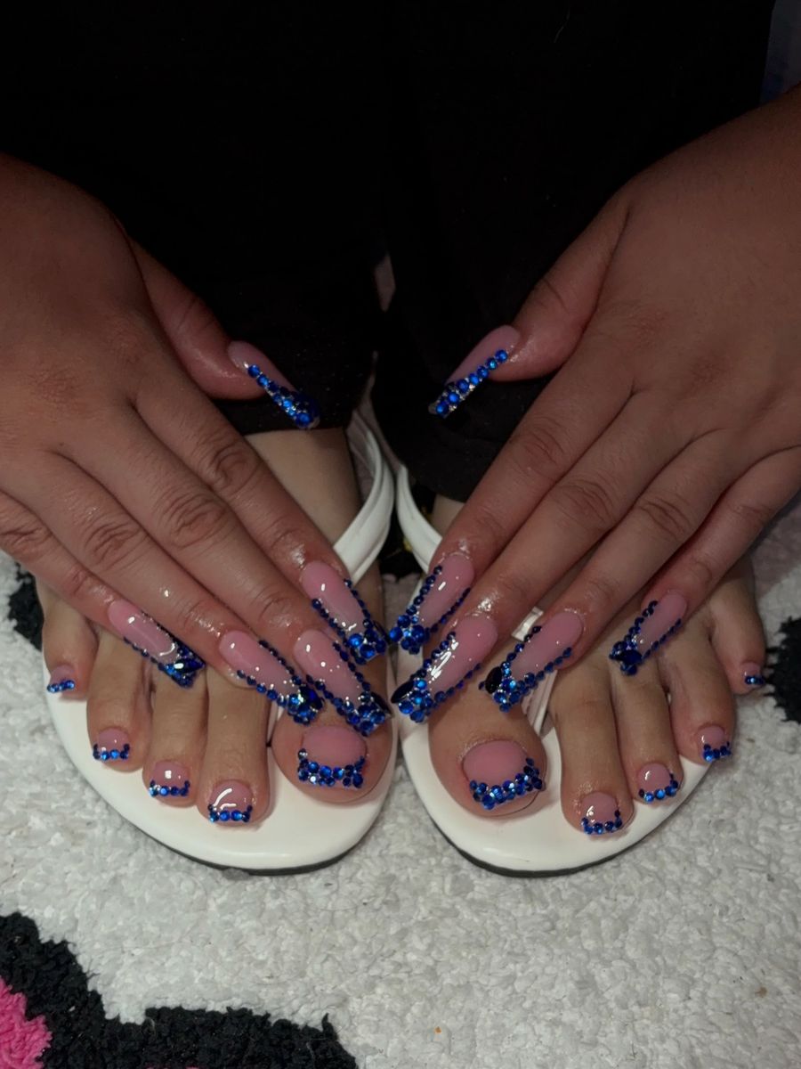 Blue rhinestone French on hands and toes