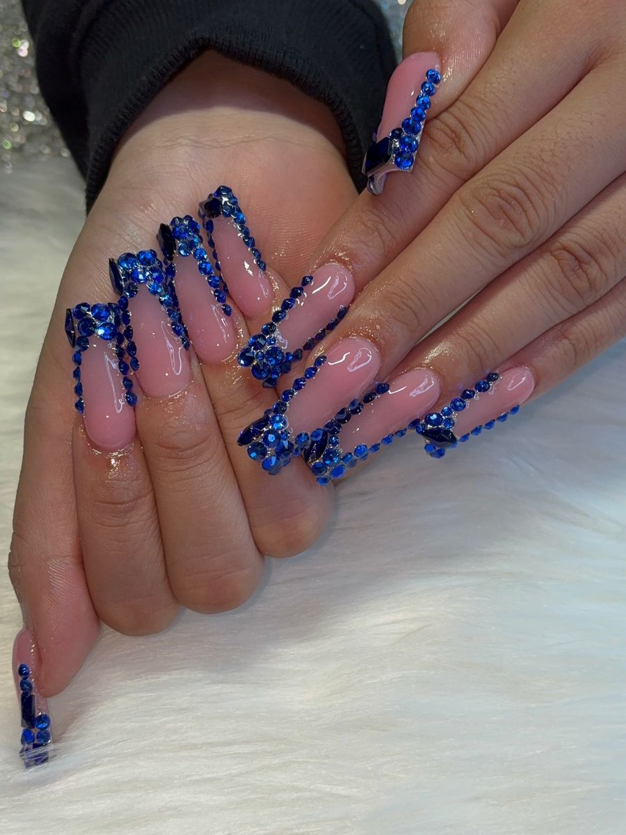 Blue rhinestone French, long coffin set